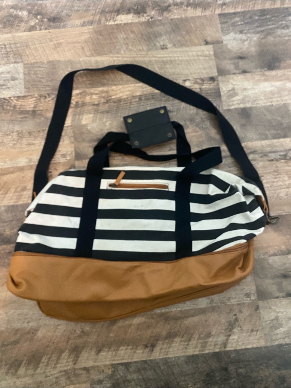 DSW Black & White Striped Canvas Duffel with Tan Base